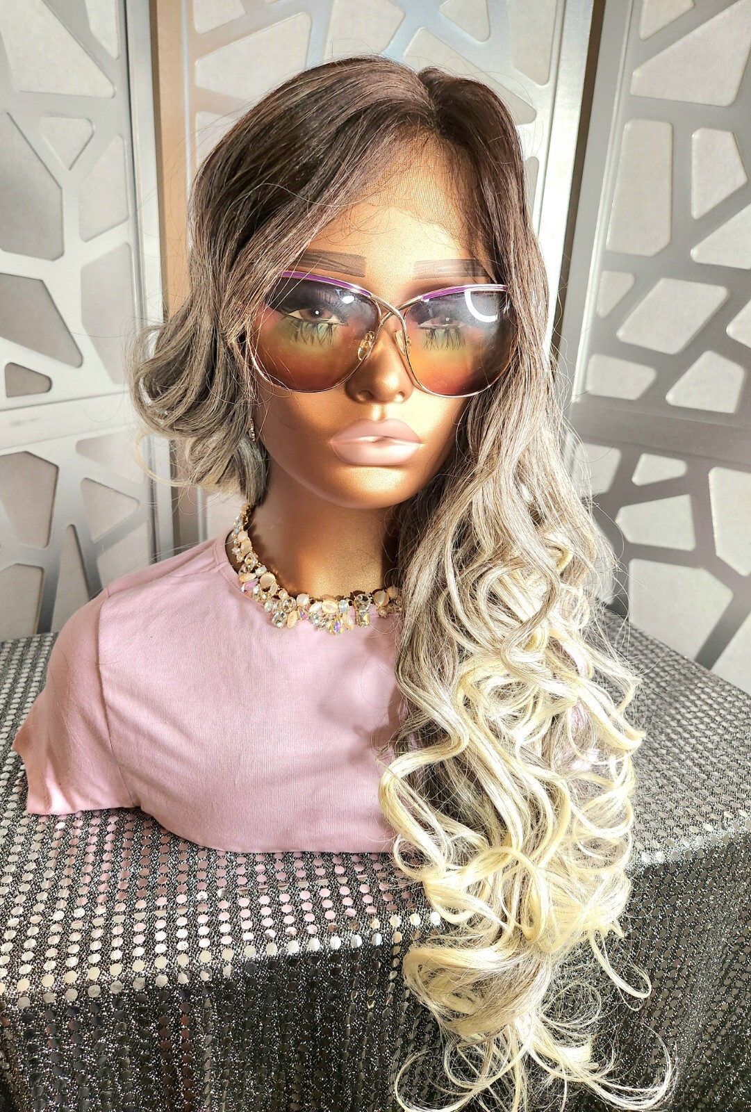 Lace Front Wig Human Hair Blend Ombre Blonde Curly Long Wig Highlights Glueless