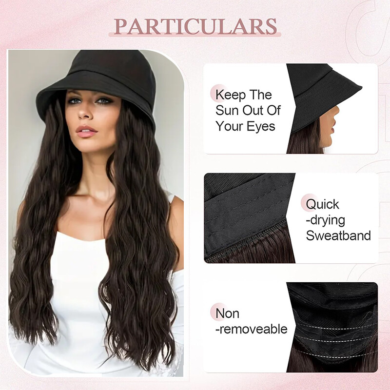 Baseball Hat Black White Red Cap with Hair Long Wavy Wigs Bucket Hat for Women