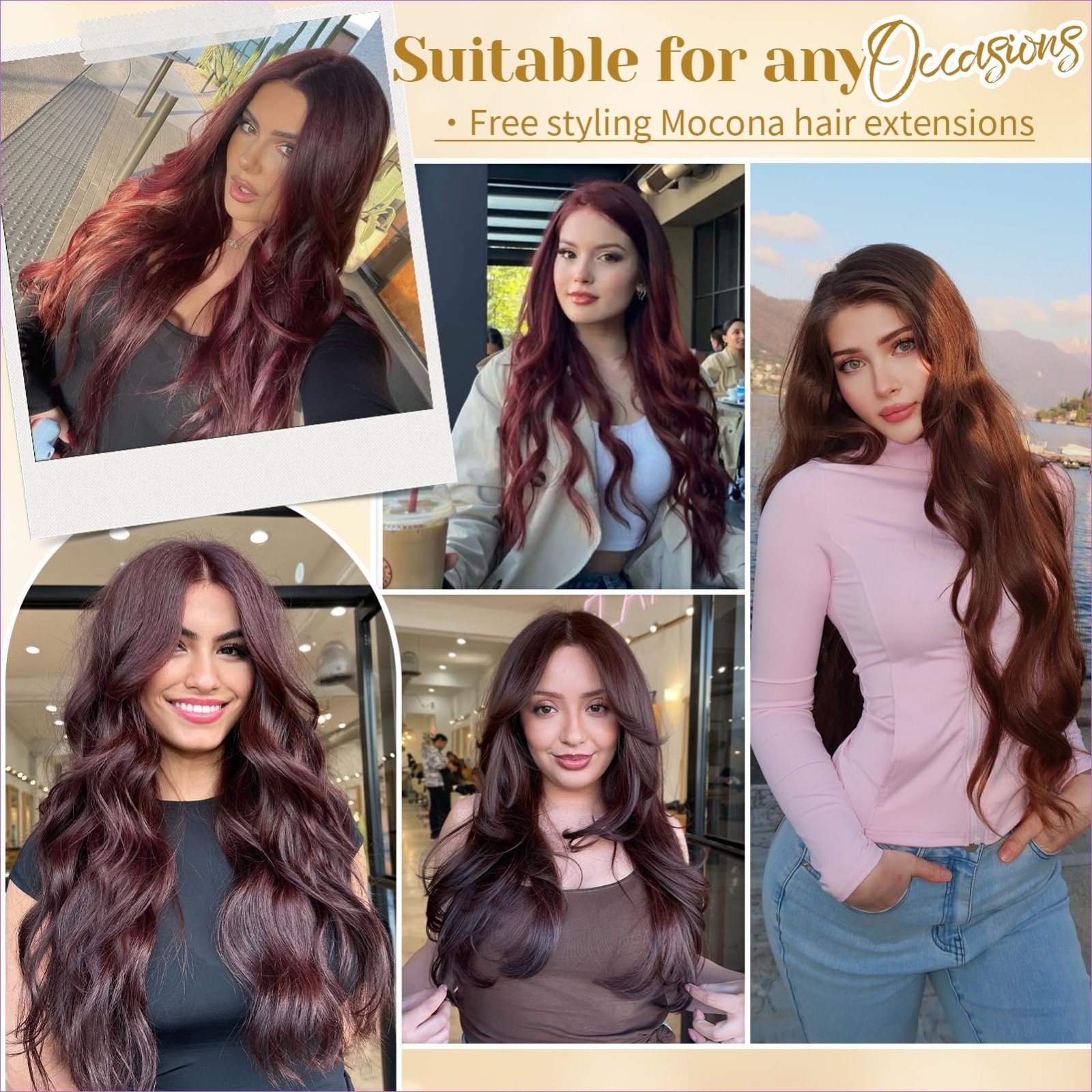 20″ Burgundy Red Clip-In Hair Extensions, 7pcs 70g, Real Human Hair, Soft & Stra