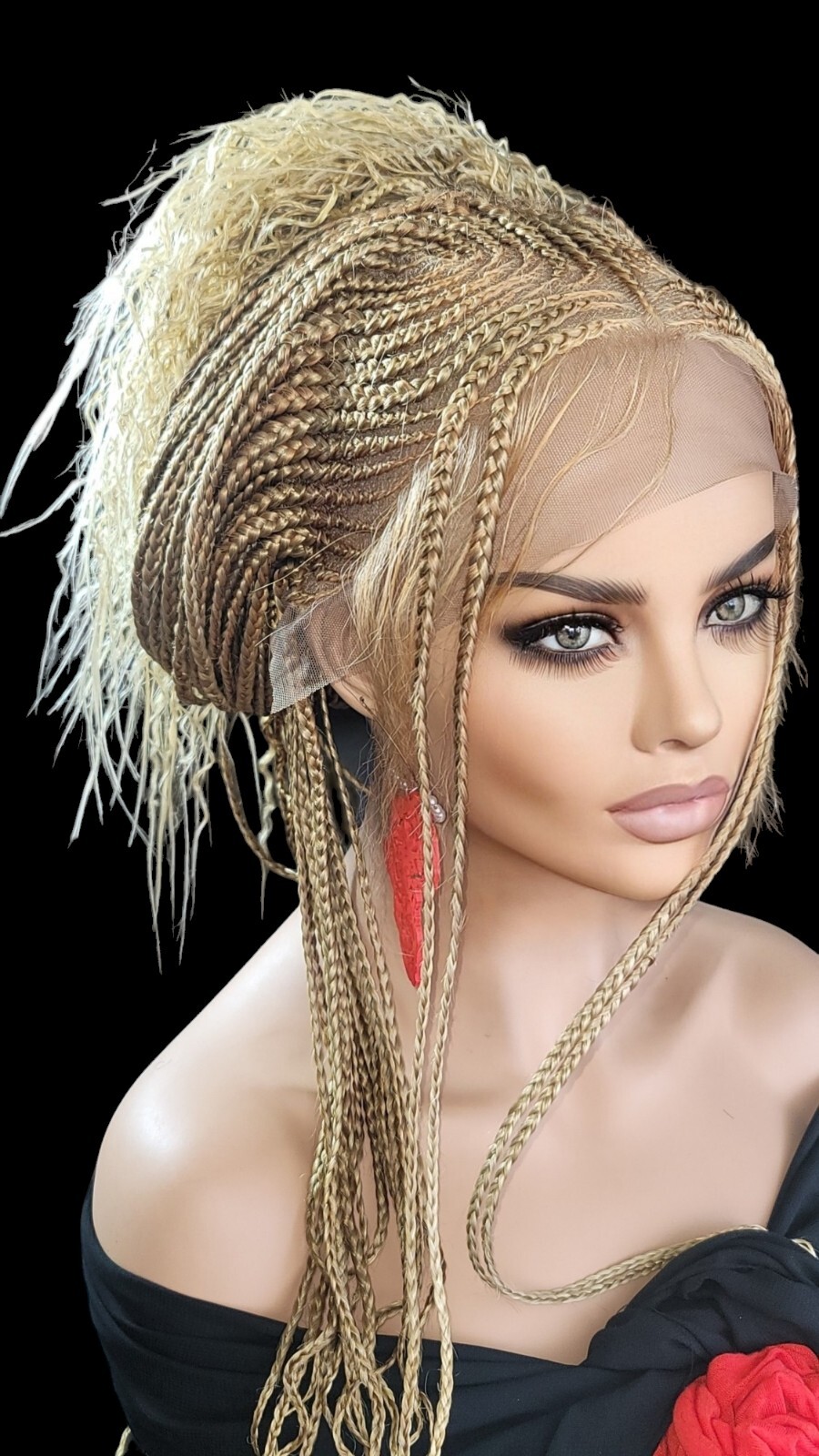 Braided Wig Lace Front Glueless Blonde #27 Cornrows Box Braids 30″ Handmade Long