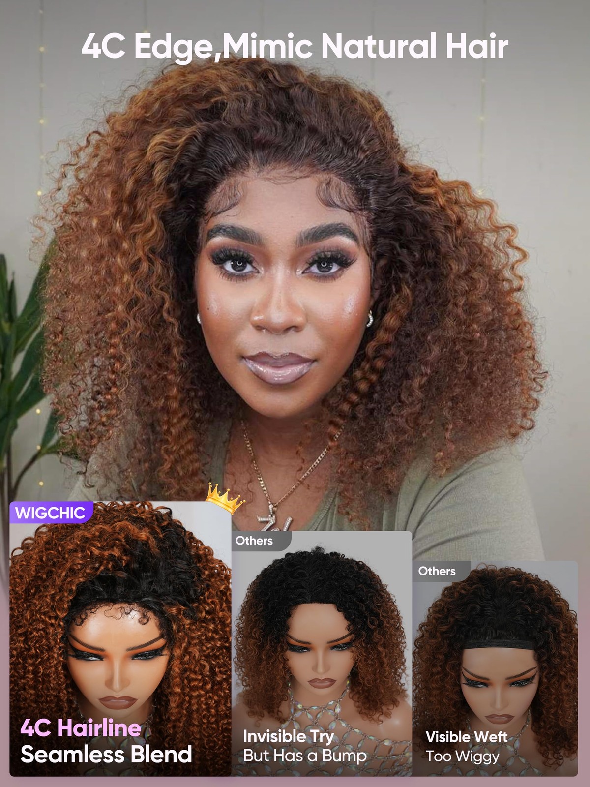 Wigchic T1B/30 Ombre Brown Kinky Curly Half Wig 10 Human Hair Over Glueless 4C