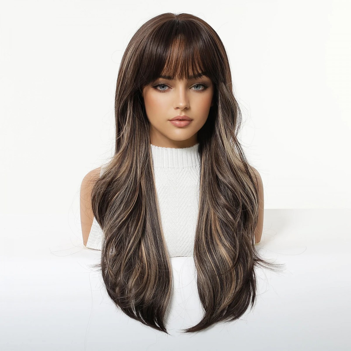 Long Wavy Mixed Brown blonde Synthetic Hair Cosplay Wig With Bangs
