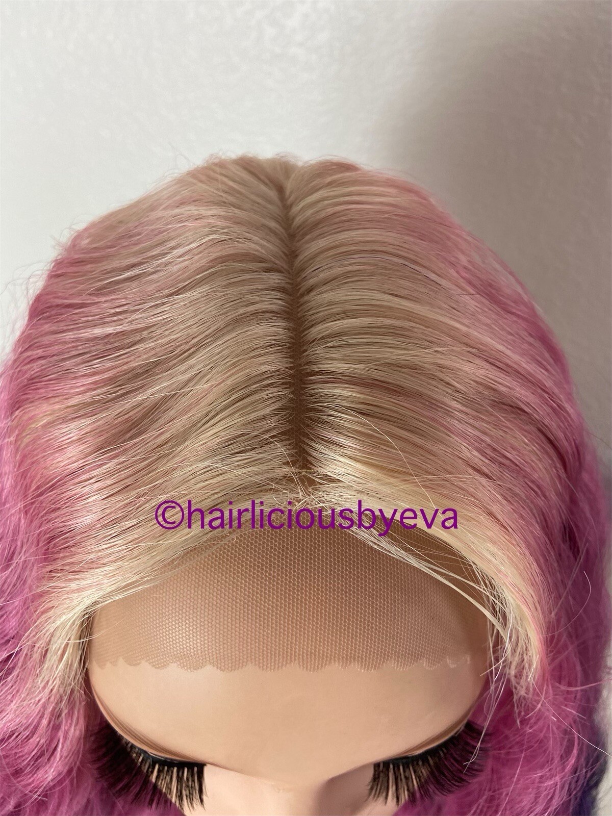 Pastel wig rainbow ombré blonde purple pink middle part wavy 26 inch long