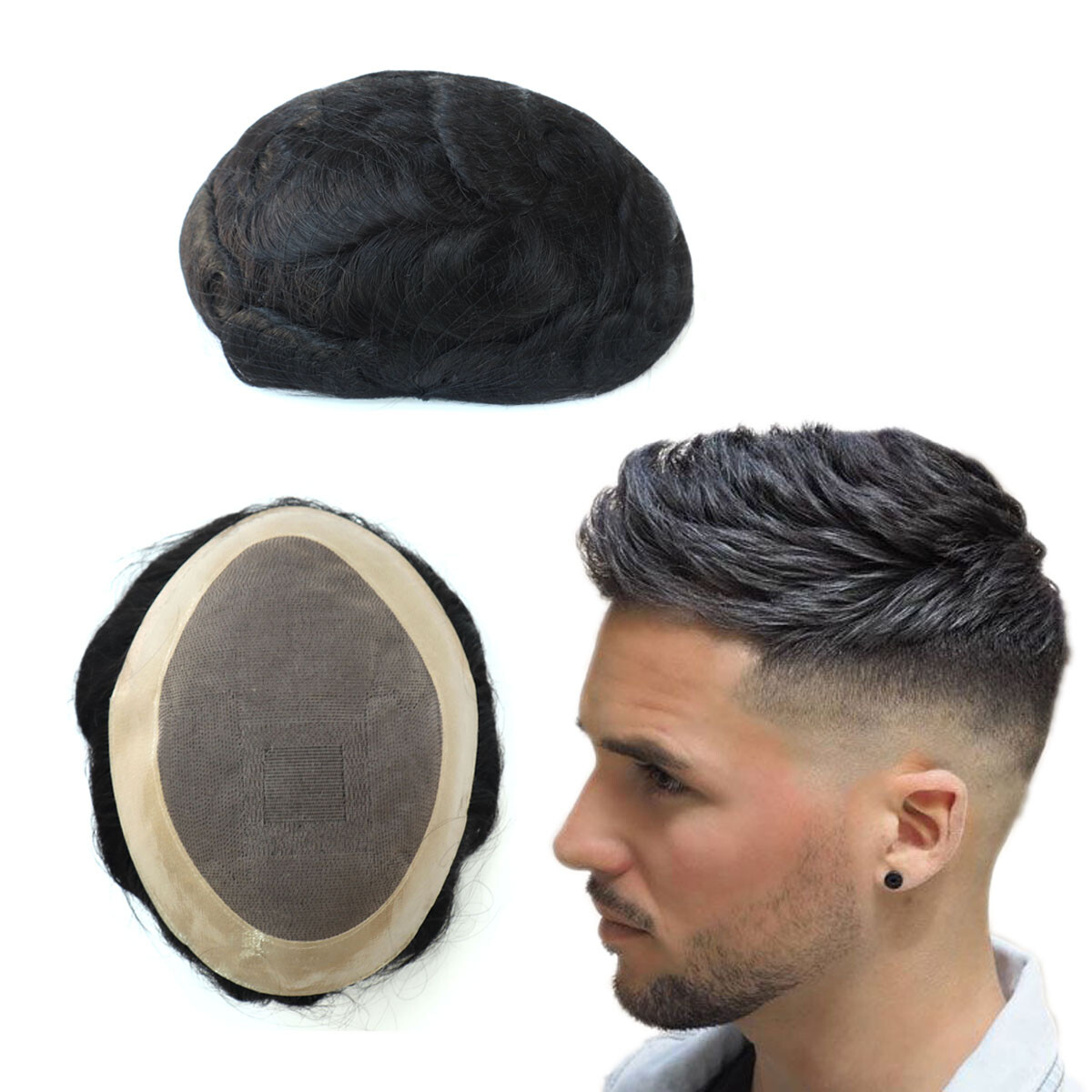 Durable Mens Toupee Human Hair Replacement System Fine Mono Poly Skin Hairpiece