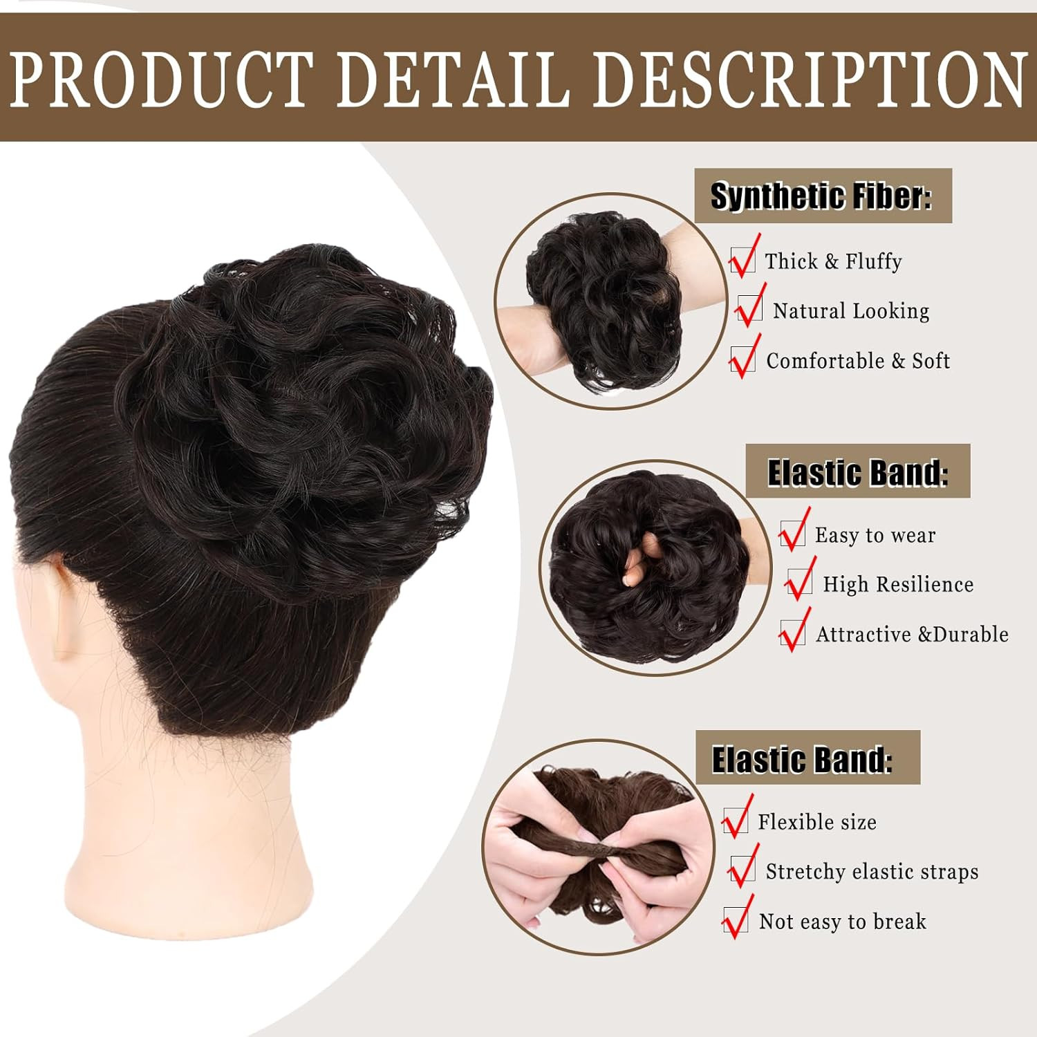 1PCS Messy Bun Hair Piece Wavy Curly Thick Updo Hairpiece Synthetic Chignon Hair