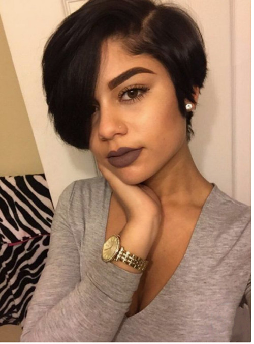 Brazilian Human Hair Pre Plucked Short Bob Side Part Natural Black No Lace Wigs