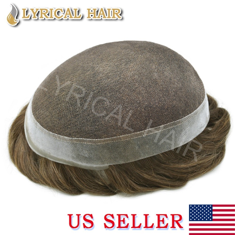 US Mens Toupee French Lace Hairpiece Poly PU Skin Around Hair Replacement System