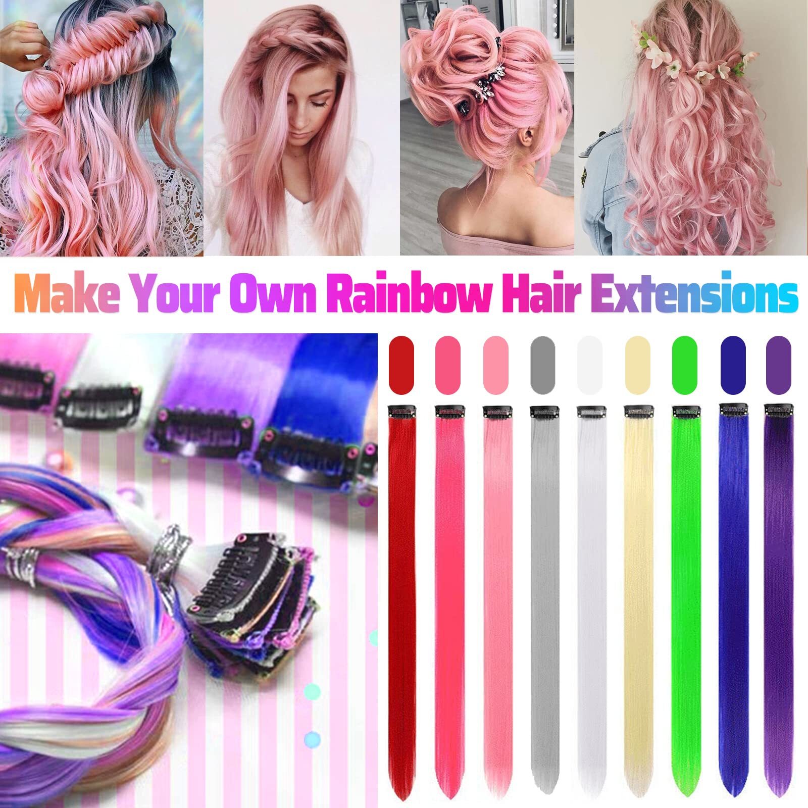 12 Pcs 22 Inches Pink Hair Extentions Clip In Party Highlights Extentions