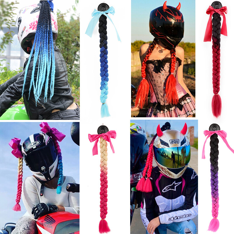 1Pcs Gradient RED Ramp Helmet Braid Ponytail Hair Pigtail For Motorcycle Bike US