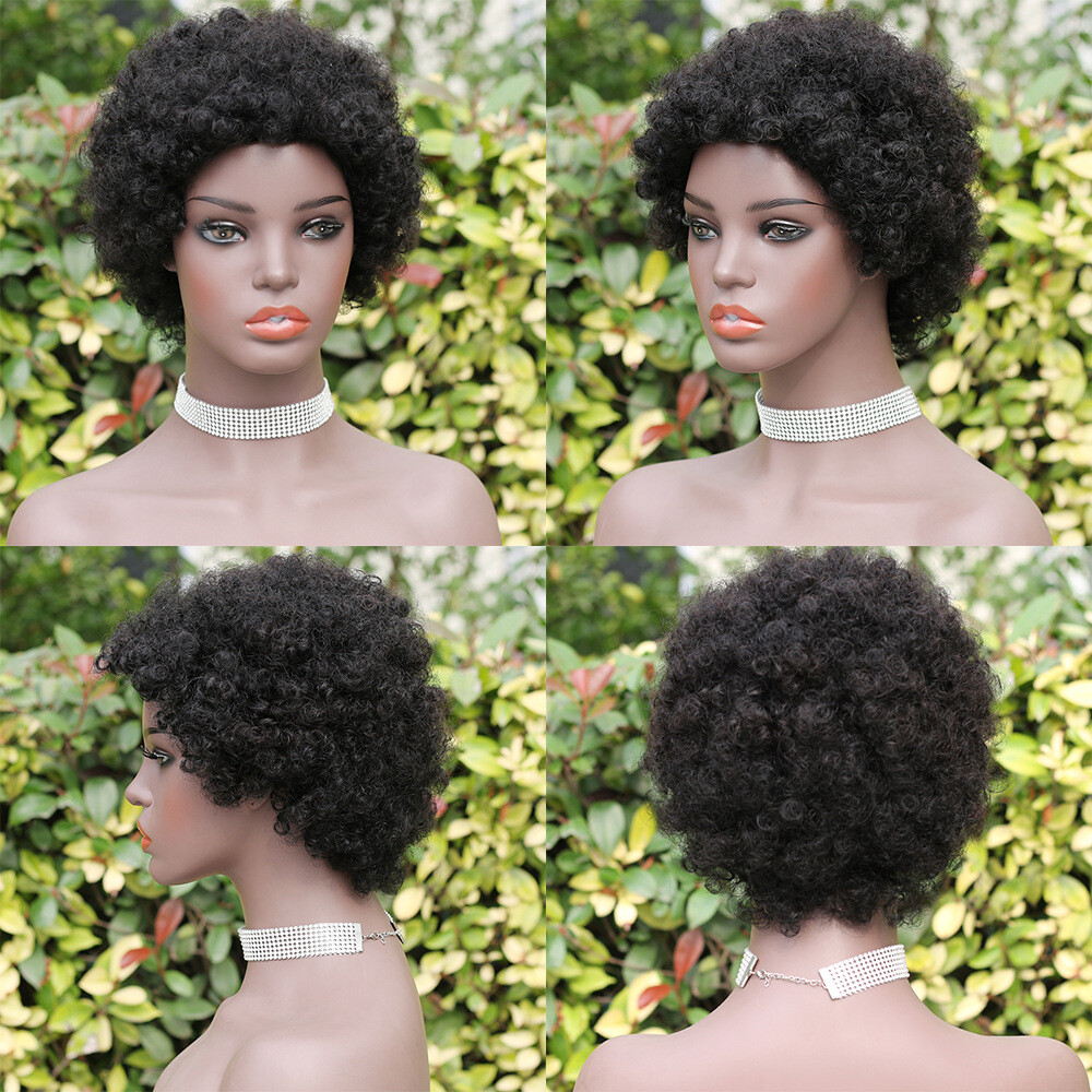 6″ Human Hair Wig Short Afro Kinky Curly Full Machine Made Wig for Black Women