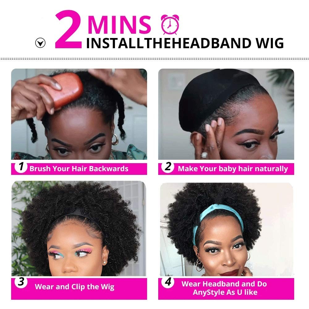 Headband Wig Human Hair Short Afro Kinky Curly Headband Wigs for Black Women …