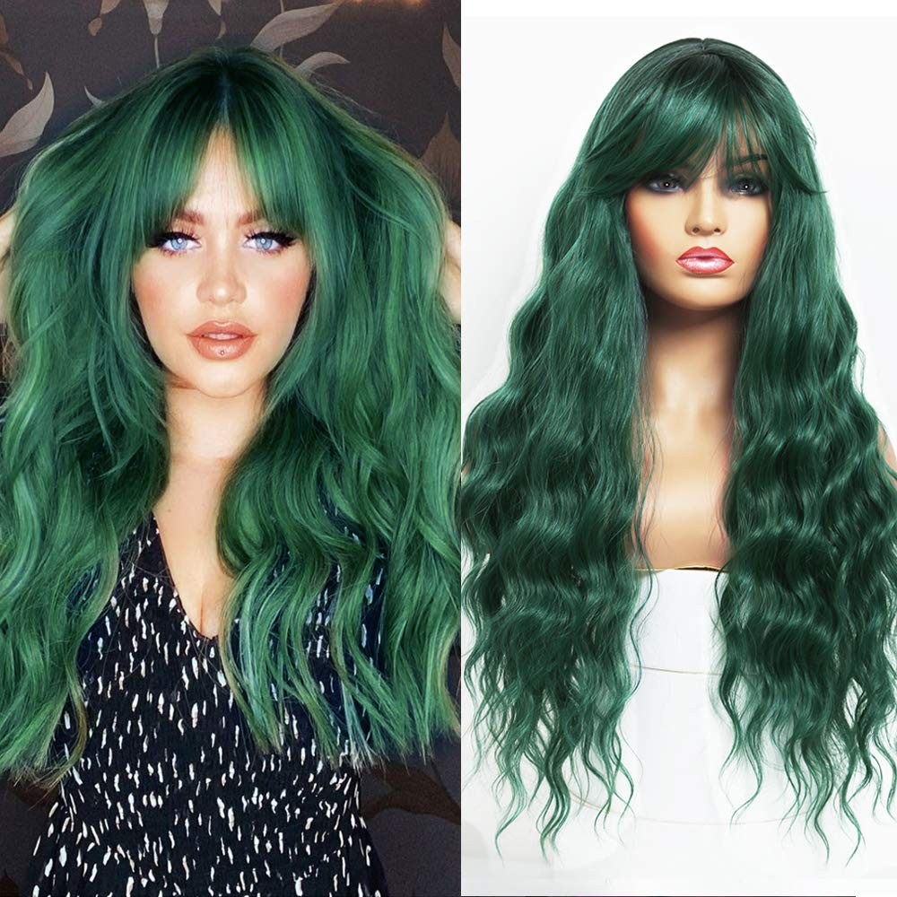 Green Wig with Bangs Blue Color Wig Wet and Wavy Long Loose Curly Wave Synthe…