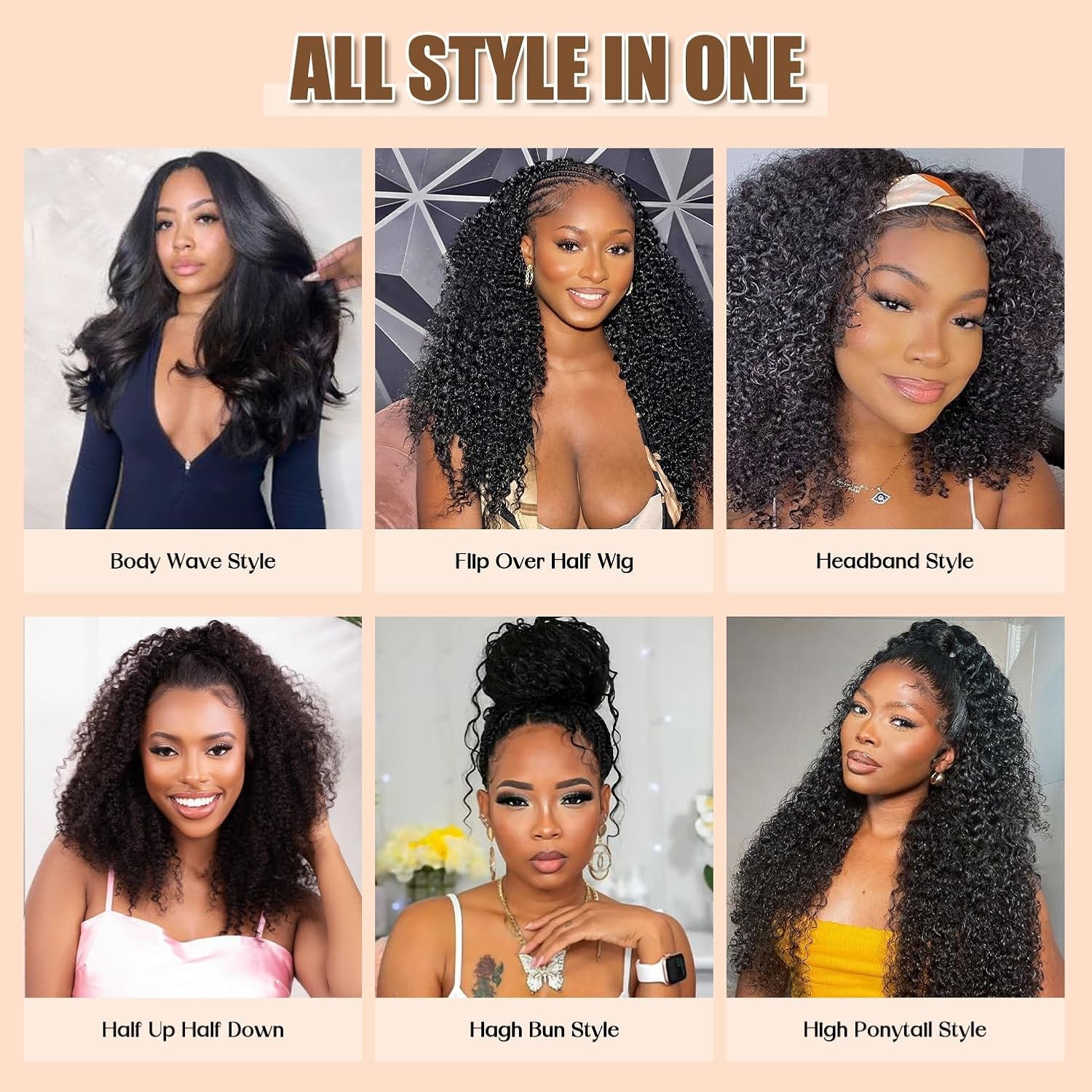 3 in 1 Half Wig Synthetic Hair Headband Wig for Women 1B, 16-26inch, Kinky Curly