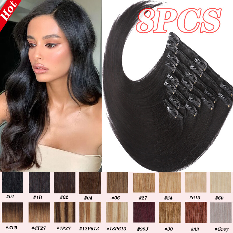 100% Remy Human Hair Clip in Human Hair Extensions Full Head Straight Short 8pcs