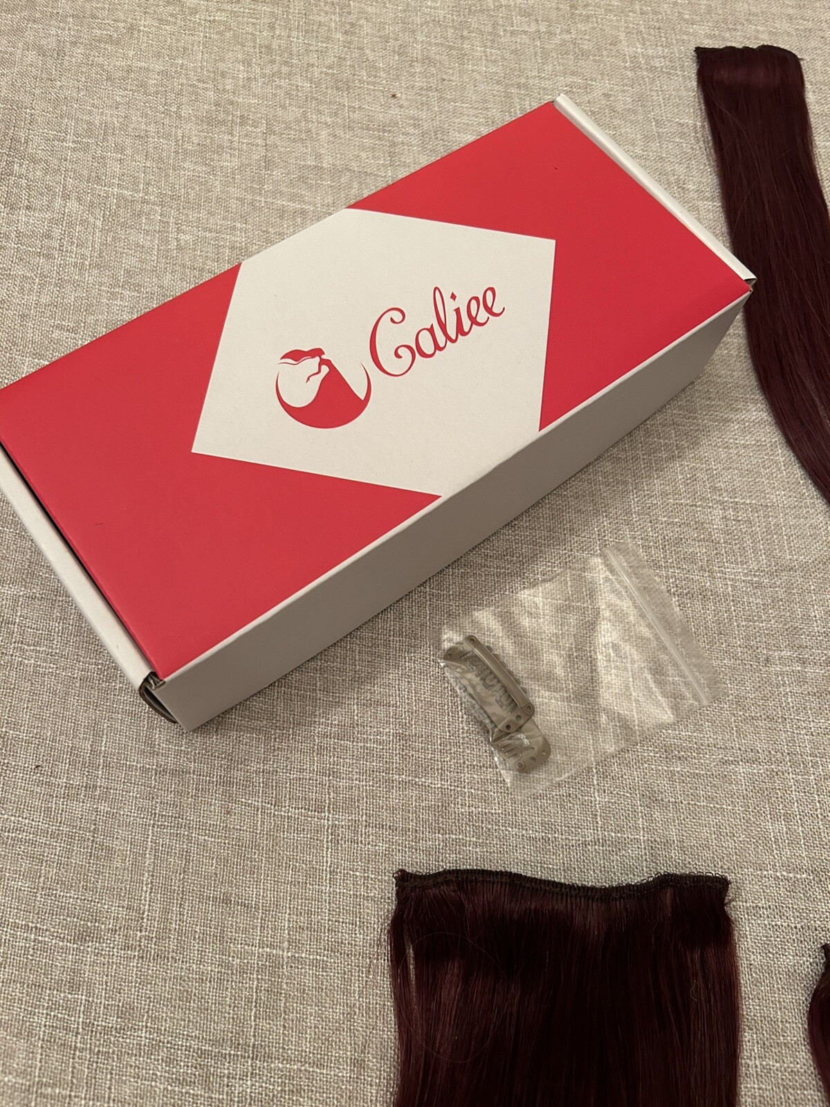 Caliee Clip in human hair extensions, 7 Pieces, Dark Burgundy Red 14”