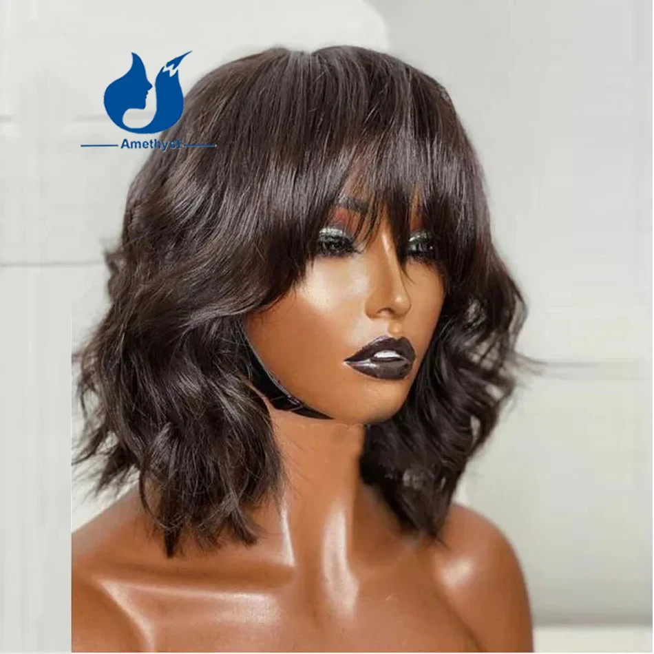 Wear And Go Short Wavy O Scalp Top Full Machine Made Wig With Bangs Human Hair