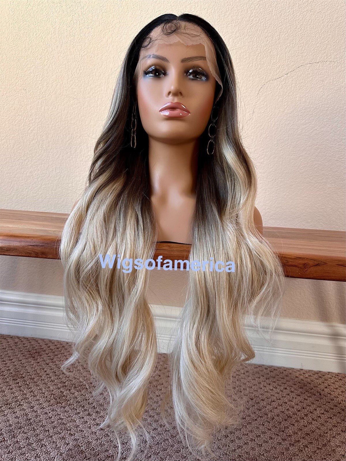 Golden Ash Blonde Wig Ombré Black Lace Front Middle Part Heat Ok
