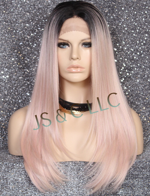 Human hair Blend Lace Front Wig Hand Tied Rose Gold Pink Long Straight Heat OK
