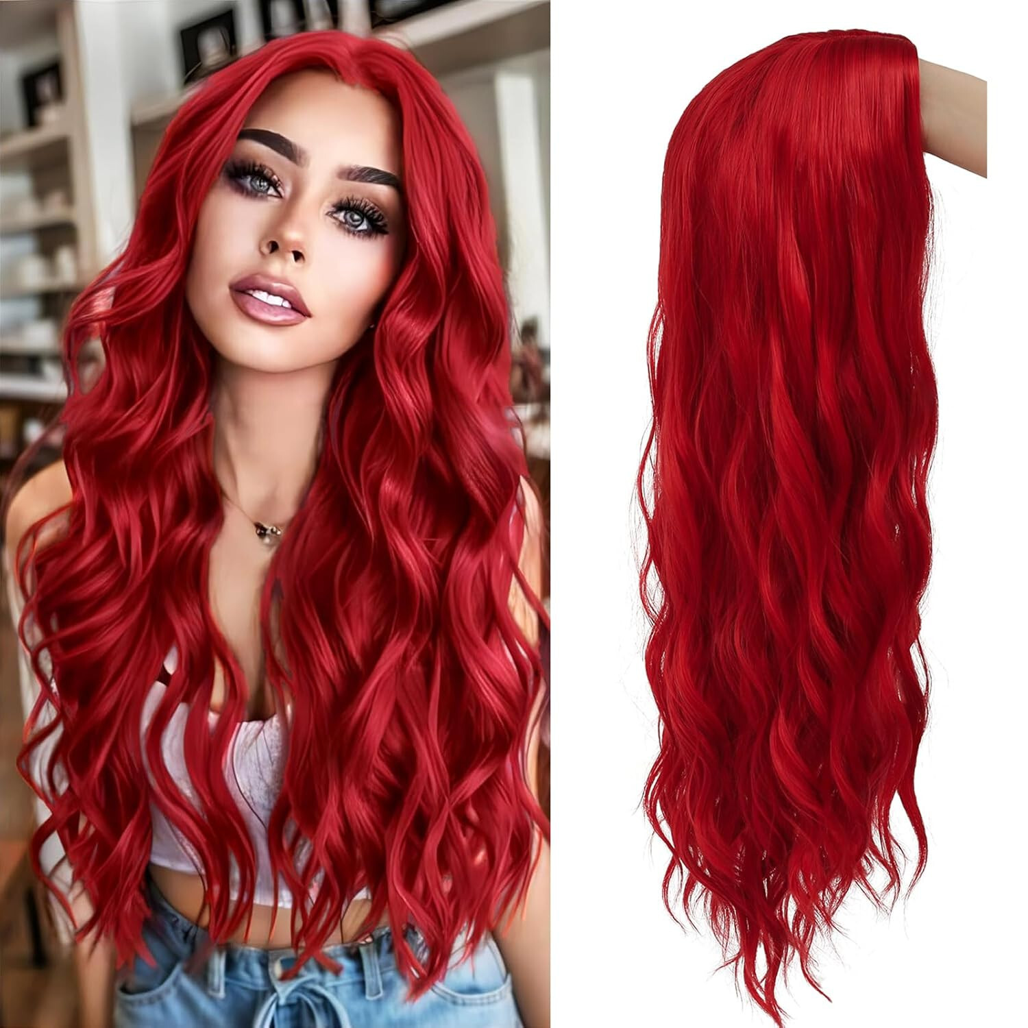 Earin 22″ Long Red Wavy Wig Center Part party girl cosplay celebrity actress