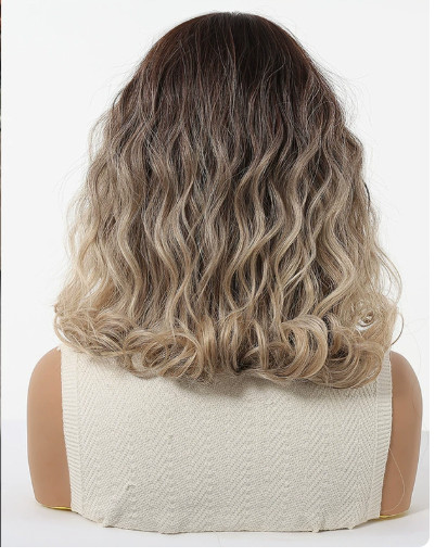 Medium Wavy Gradient Brown Mix Synthetic Hair Women Natural Daily Wigs Soft