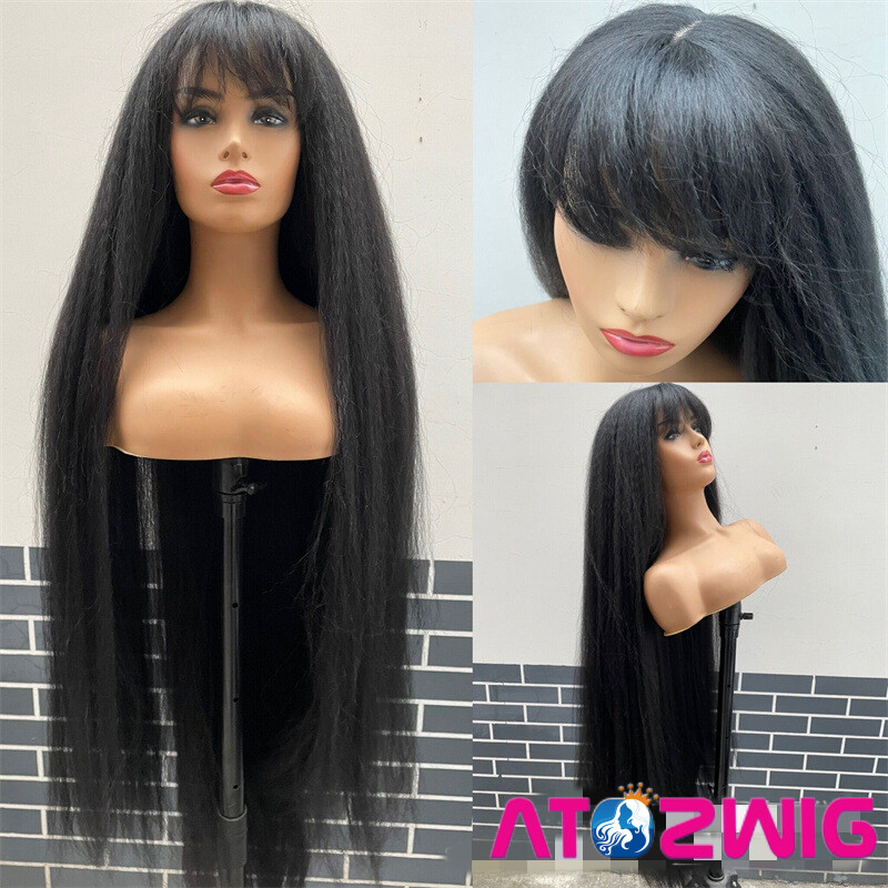 48 inch Long Kinky Straight Ash Blonde Wig with Full Bangs Fashion Party Wigs