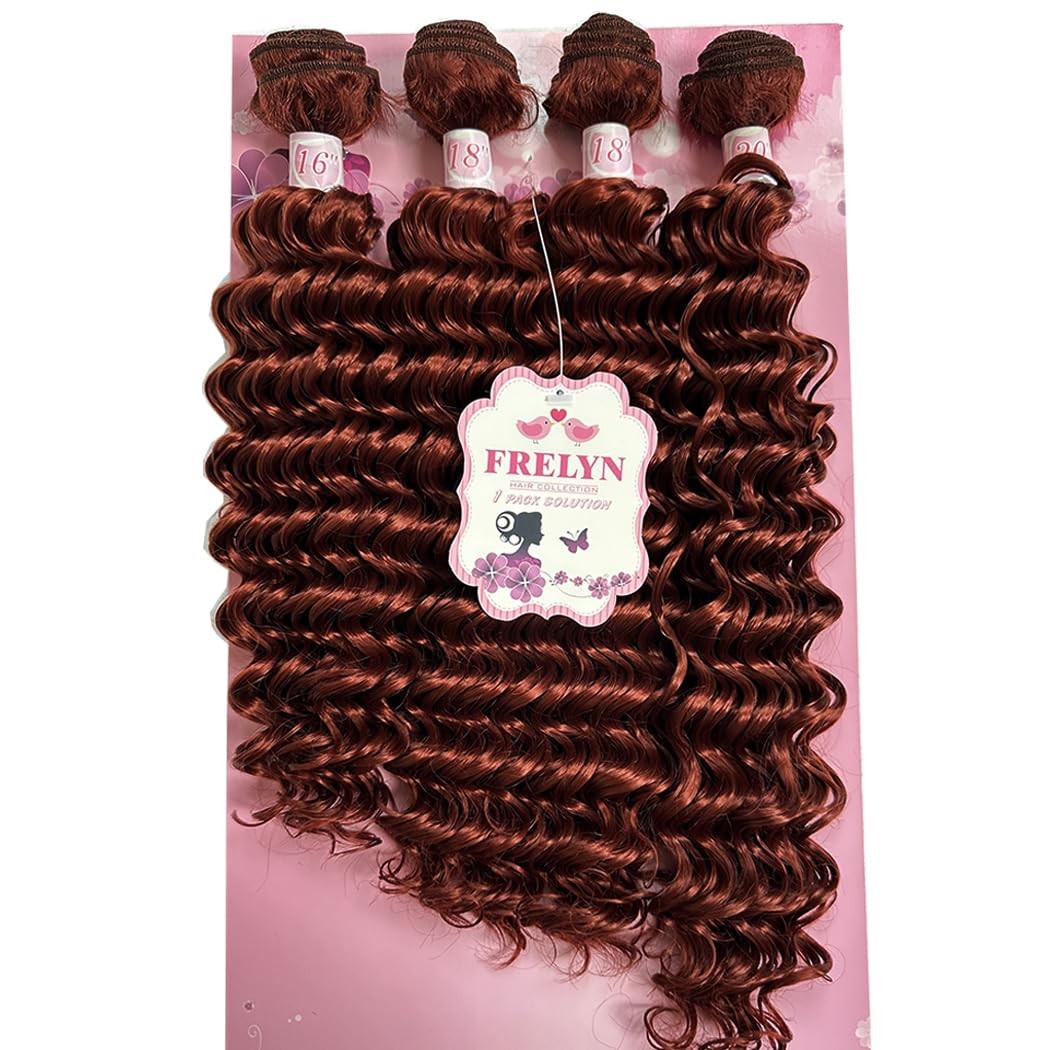 Deep Wave Synthetic Hair Bundles 16 18 18 20 Inch 4PCS Curly Reddish Brown