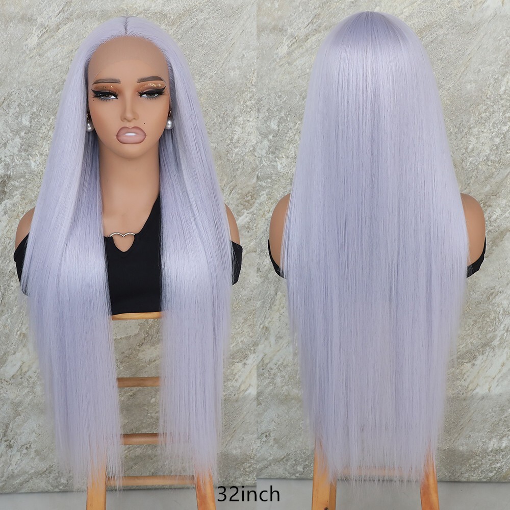 US 32 inch Synthetic Hair Lace Front Wigs Women Party Long Straight Light Blue
