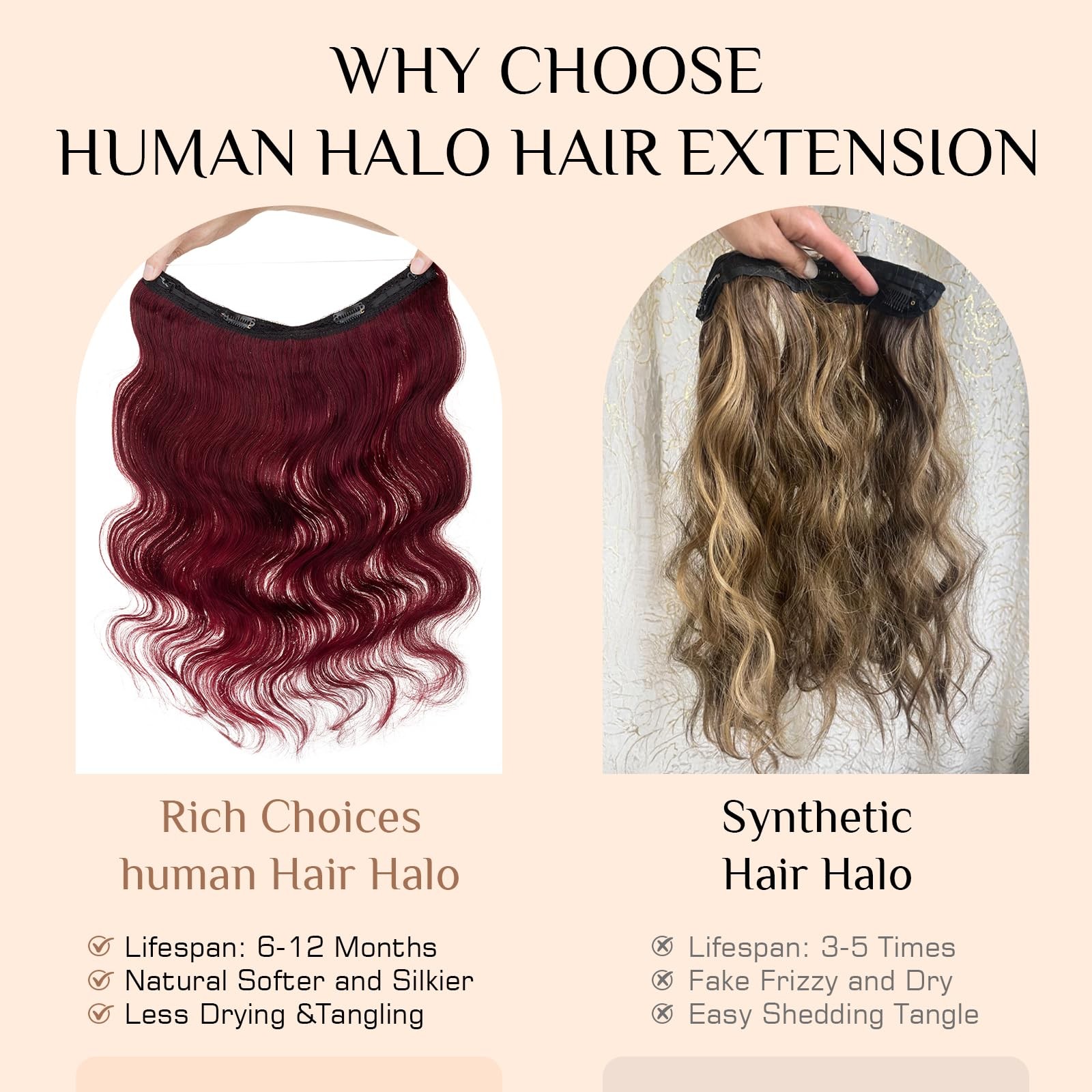 Rich Choices Short Halo Hair Extensions Real Human Hair Wave/Curled Remy Hairs