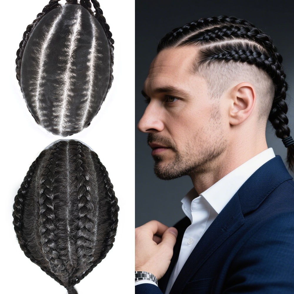 US Cornrow Braded Toupee for Black Men Box Braided Human Hair Replacement System