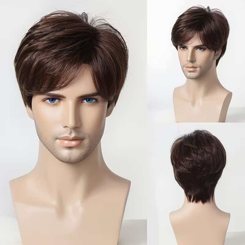 6in Men Short Brown Wig Full Wig Heat Resistant Synthetic Cosplay Halloween