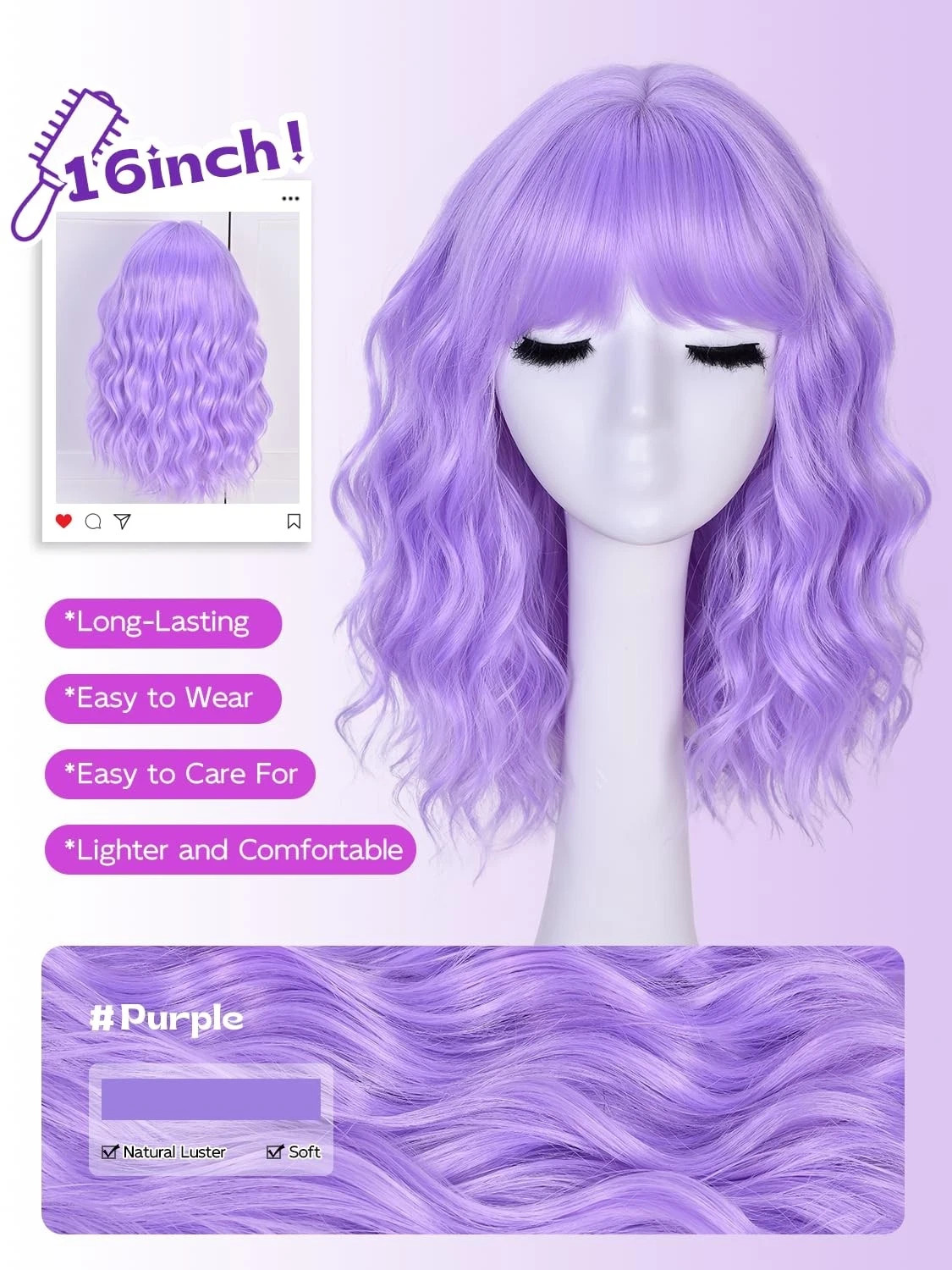 Light Purple Wigs for Women 16in Wavy Bob Wig with Bangs Synthetic Hair Cosplay