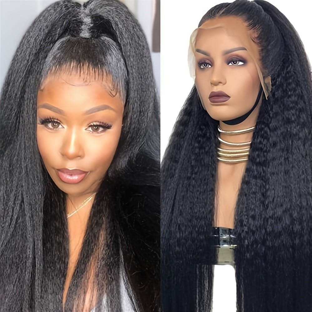 Kinky Straight Black Hair Frontal Lace Replacement Wigs Glueless Pre Plucked Wig