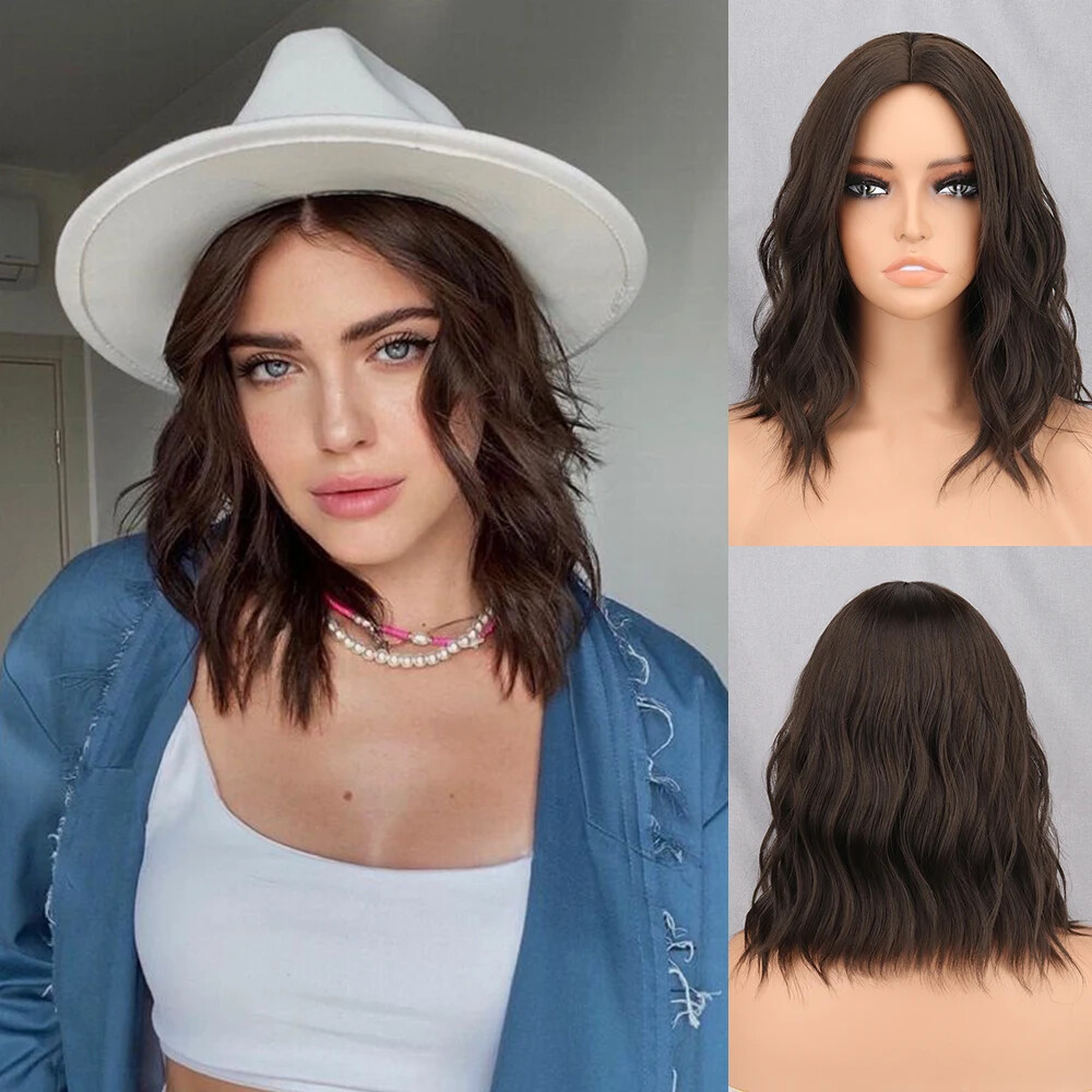 New Short Brown Synthetic Wig Women’s Bangs Dark Blue Pink Black Wig Party Use
