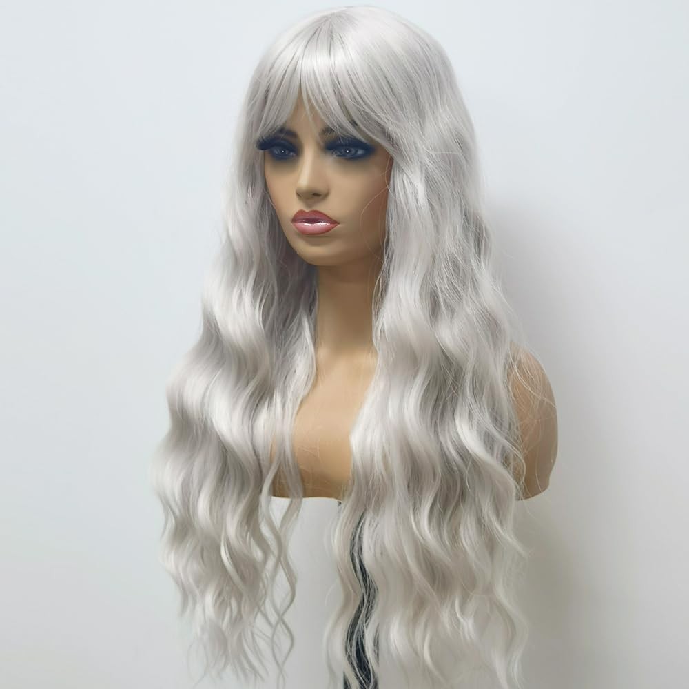 Platinum Blonde Wig with Bangs White Blonde Color Wig Wet and Wavy Long Loose…