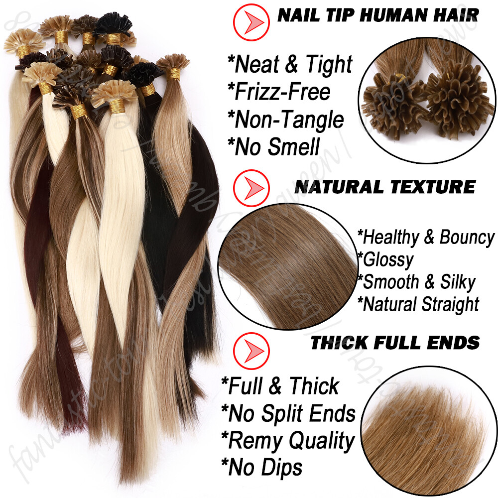 100G Thick U Tip Nail Tip Extensions Pre Bonded Keratin Human Hair Extensions US