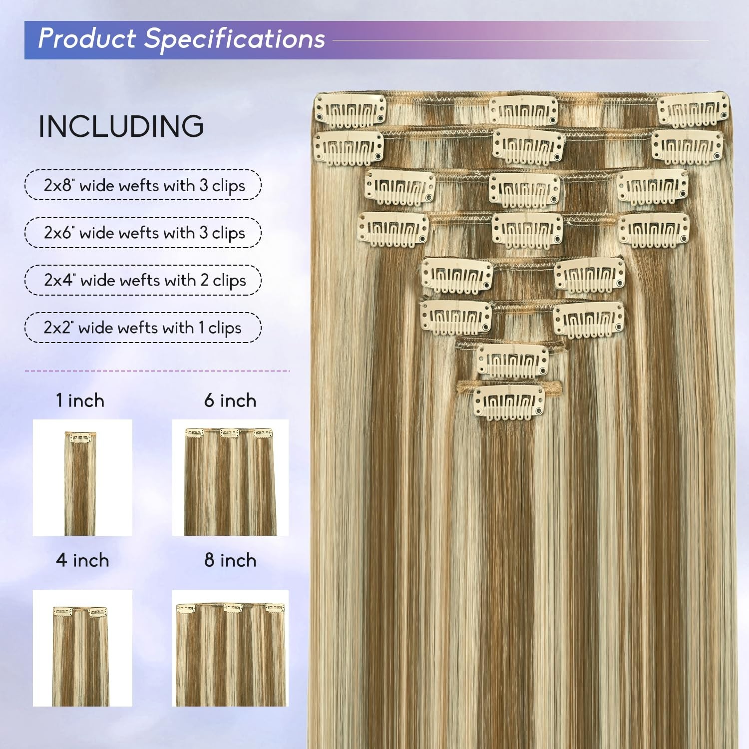 24″ Clip-In Hair Extensions, 120g Real Remy Human Hair, Light Blonde Highlights,