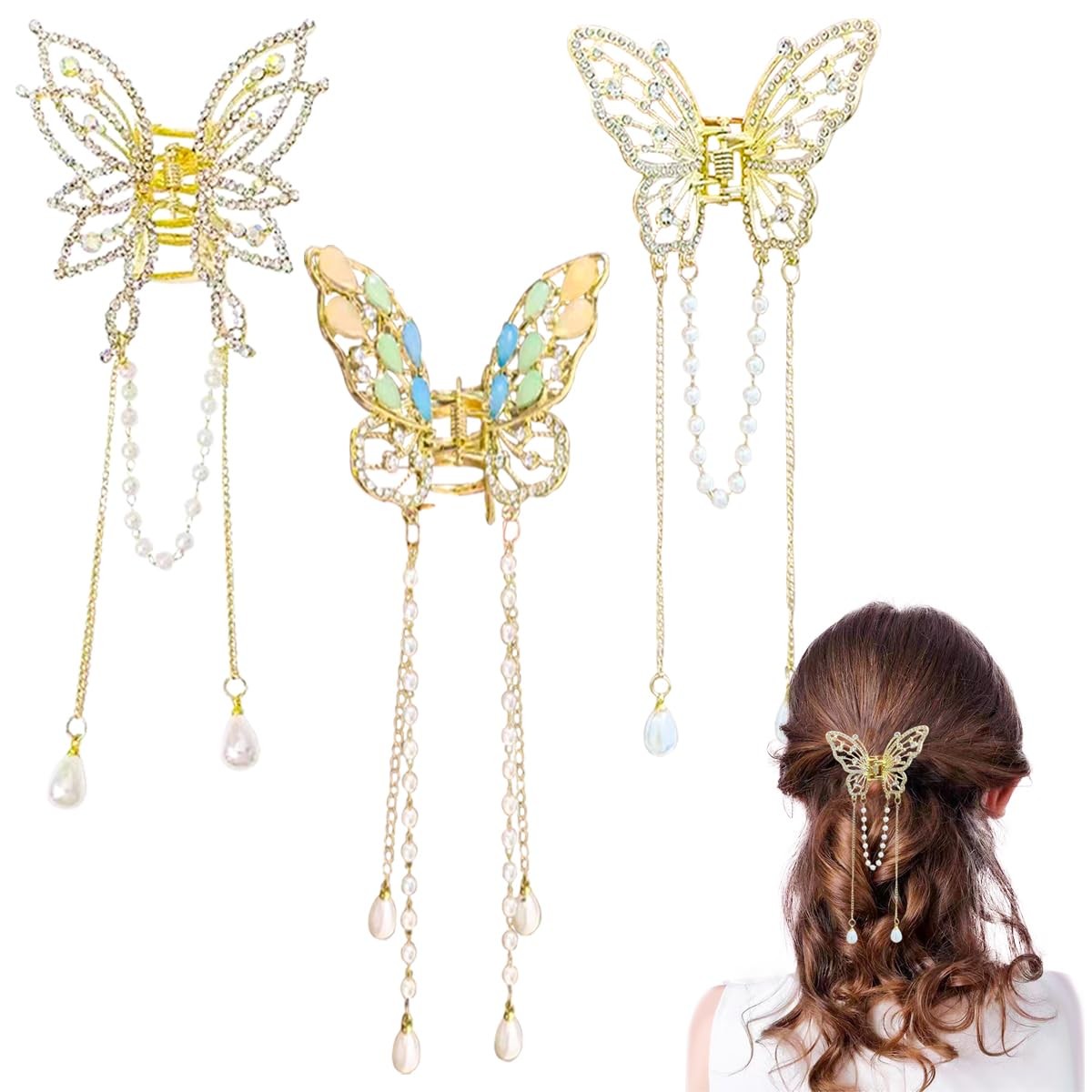 3 Pieces Butterfly Hair Claw Clip Butterfly Tassel Hair Clips Rhinestone Metal E