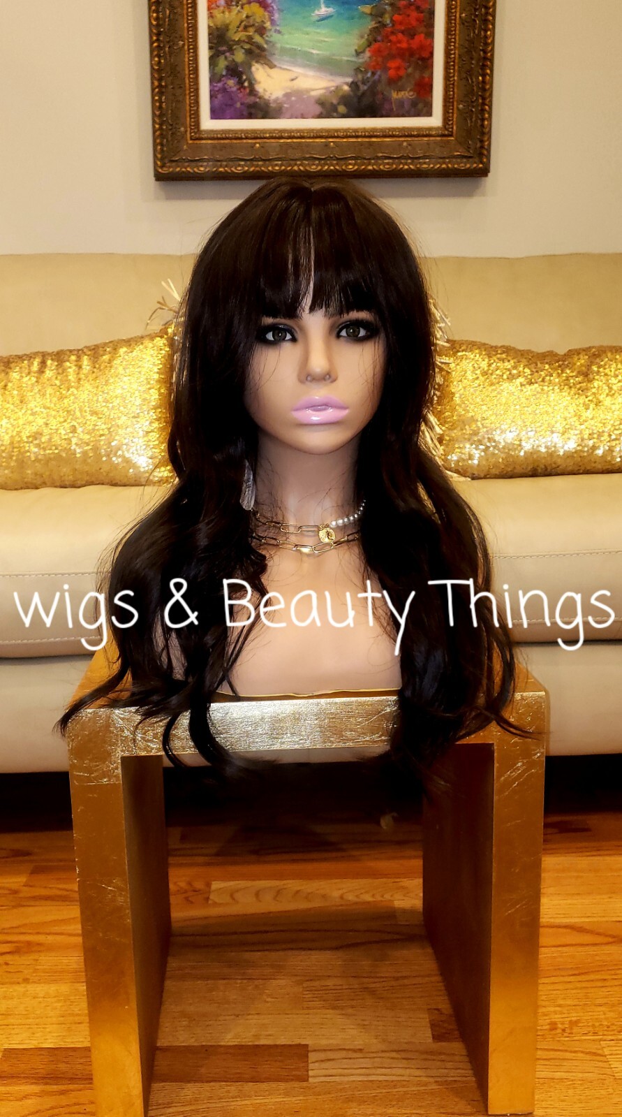 Long Wavy Curly Shag Bangs Black Human Hair Blend Full Wig Rainbow