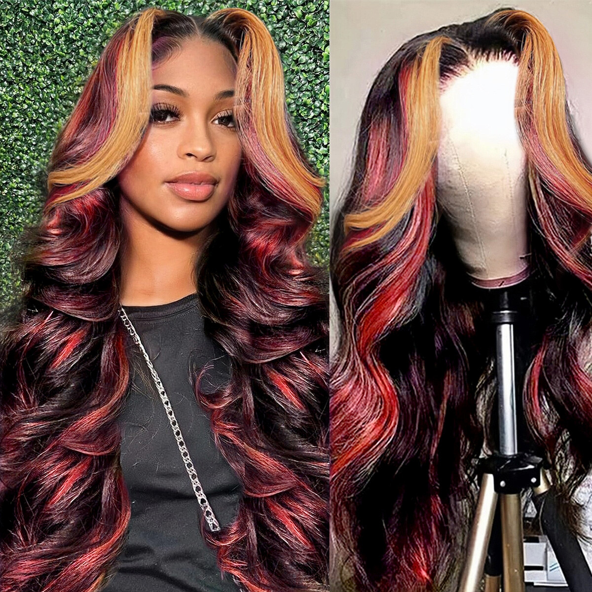 Ombre Red With Blonde Highlights Body Wave Glueless Wigs Human Hair Burgundy Red