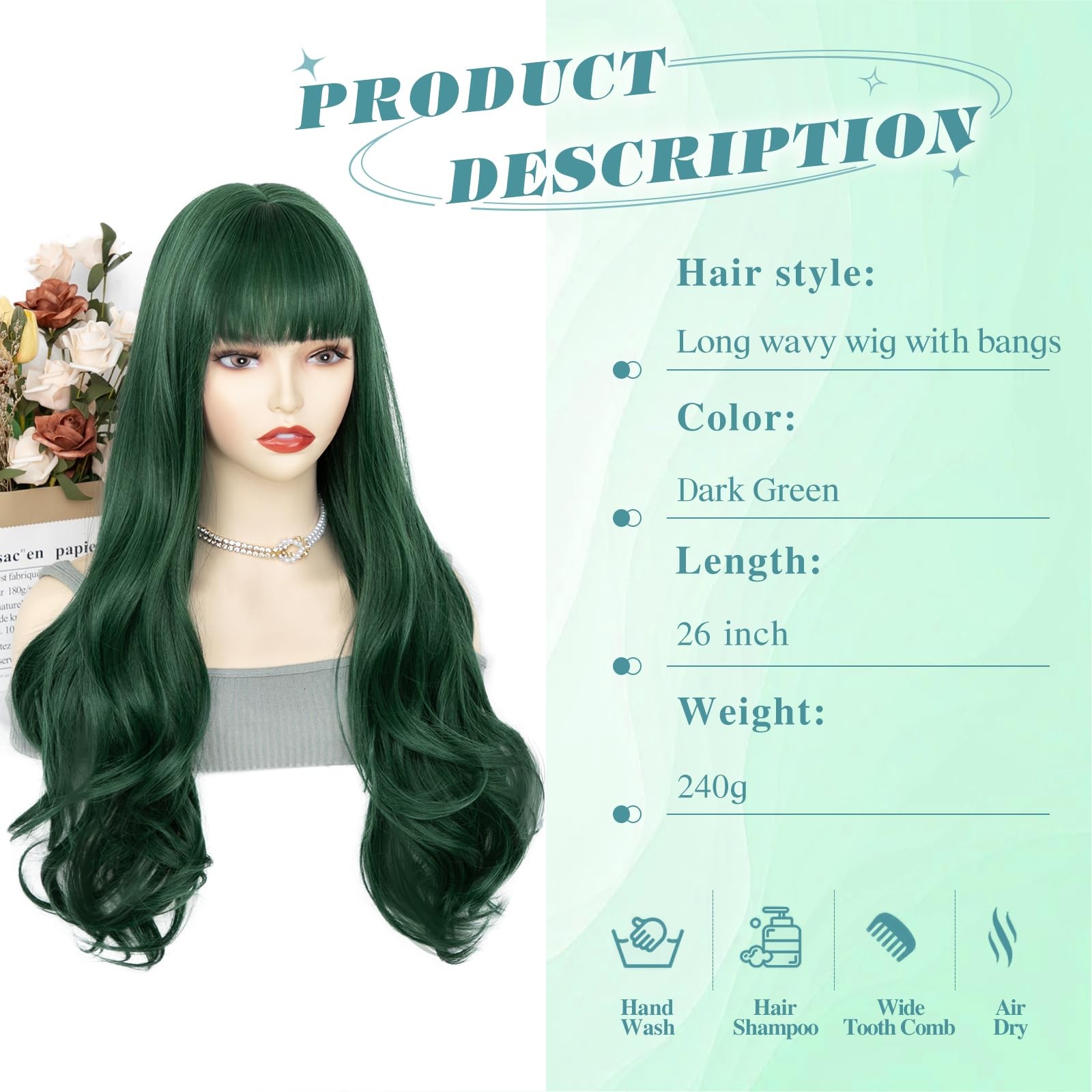 Dark Green Wig With Bangs, 26 Inch Long Natural Looking Hair for Women, Middl…