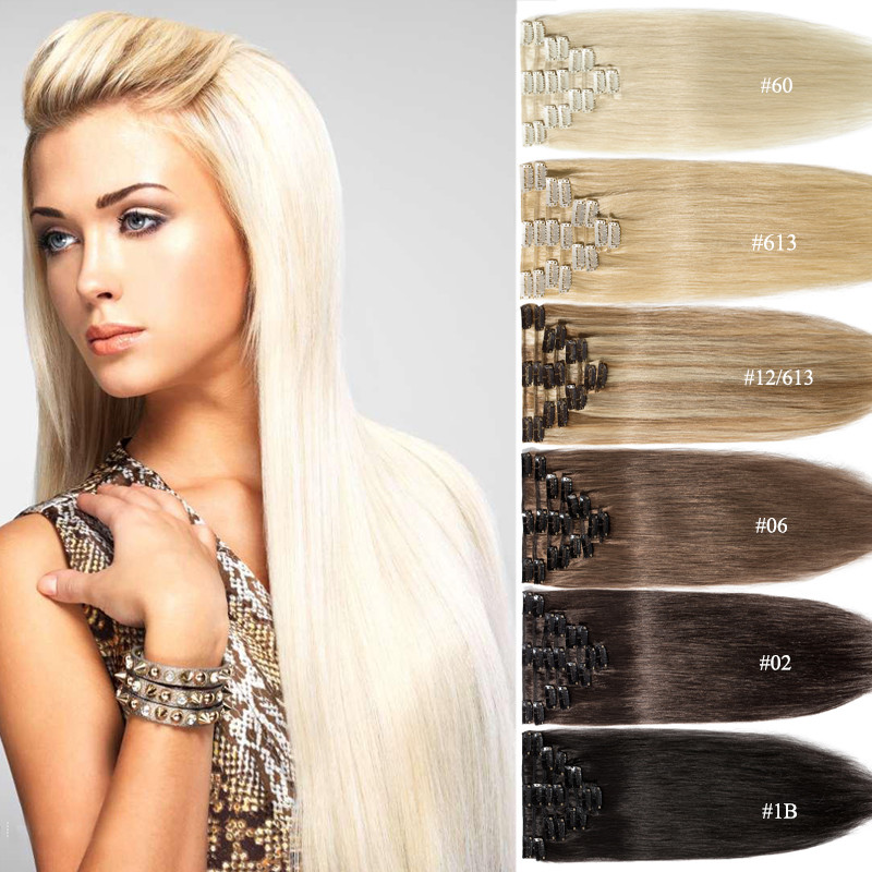 8-24inch Clip In 100% Real Remy Human Hair Extensions Full Head Highlight BLONDE