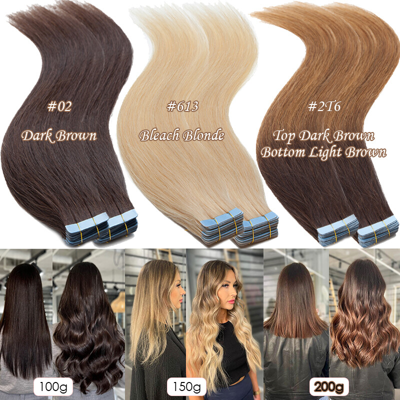 80PCS 200G Thick Tape In Real Remy 100% Human Hair Extension Full Head Skin Weft