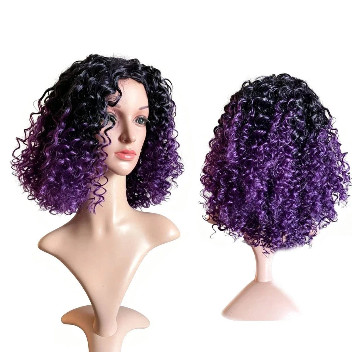 Women Short Afro Tight Curly Wig, Black Ombre Purple Synthetic Spring Curls Wig