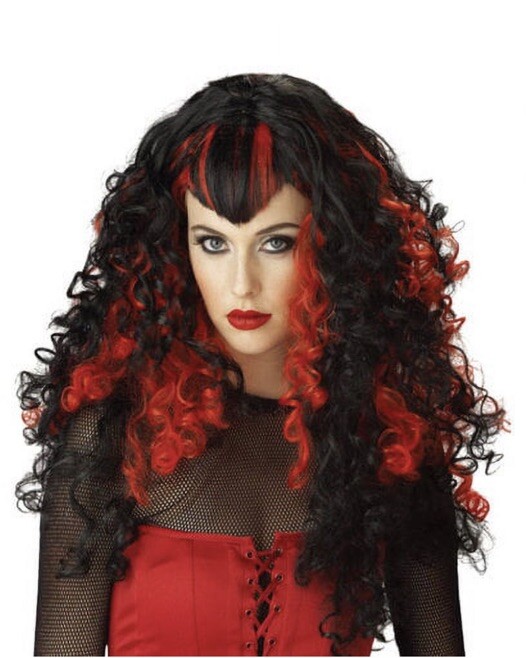 Women’s Long Curly Black and Red Gothic Wig With Bangs Adult Size New Halloween