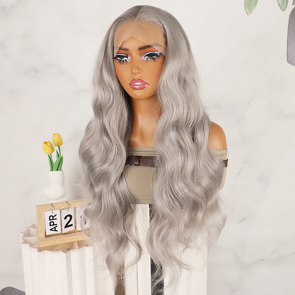 Long Wavy Gray Heat Resistant Lace Front Wig Glueless Body Wave Natural Hairline