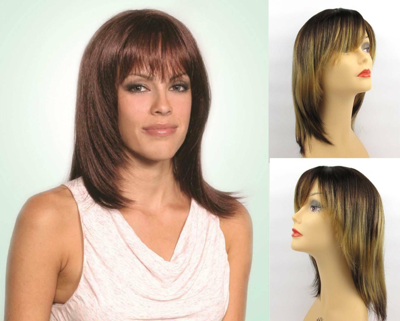 WOMEN SHOULDER-LENGTH STRAIGHT HAIR LAYERED WIG W/ BEVELED ENDS & BANGS SKIN TOP