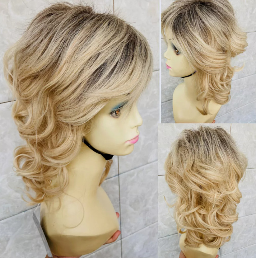 Medium Fluffy Wavy Dark Roots Blonde Mix Synthetic Hair Wigs Women Natural 613
