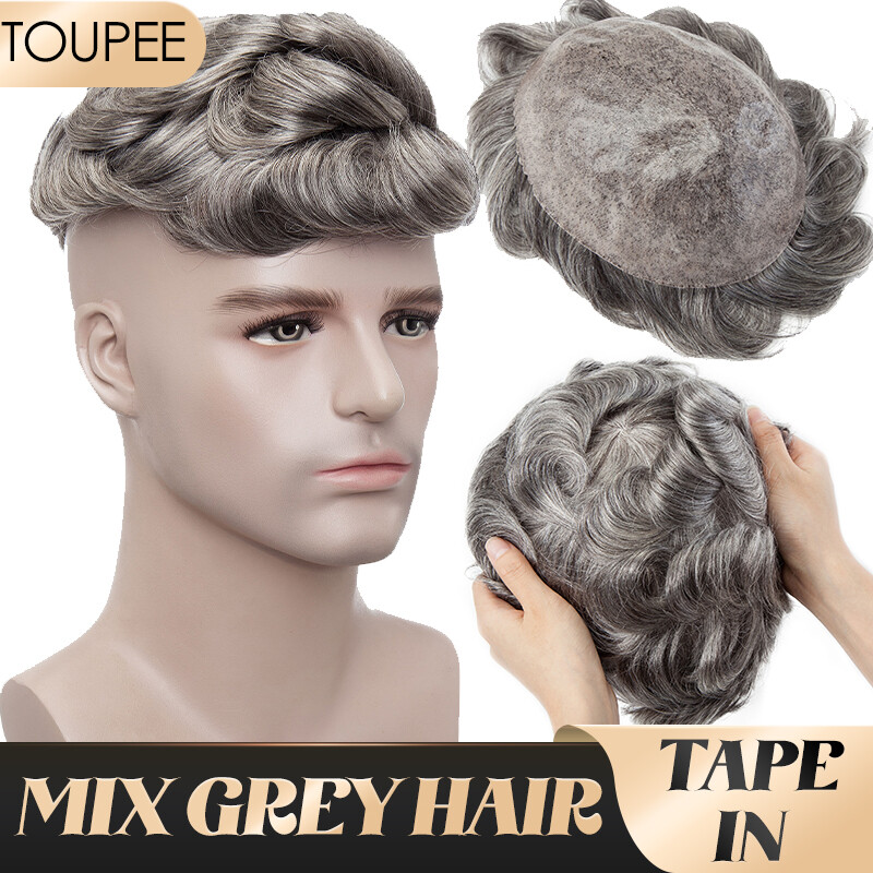 Toupee For Men Replacement System with White Hair PU Skin Human Hair piece Wigs
