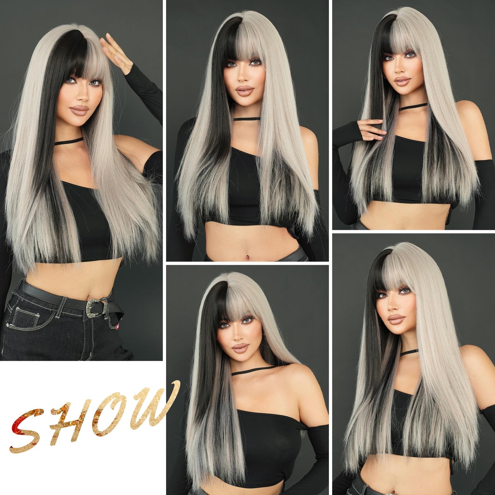 Long Straight Silver Grey Highlight Wig with Bangs 27in Natural Heat Resistan…