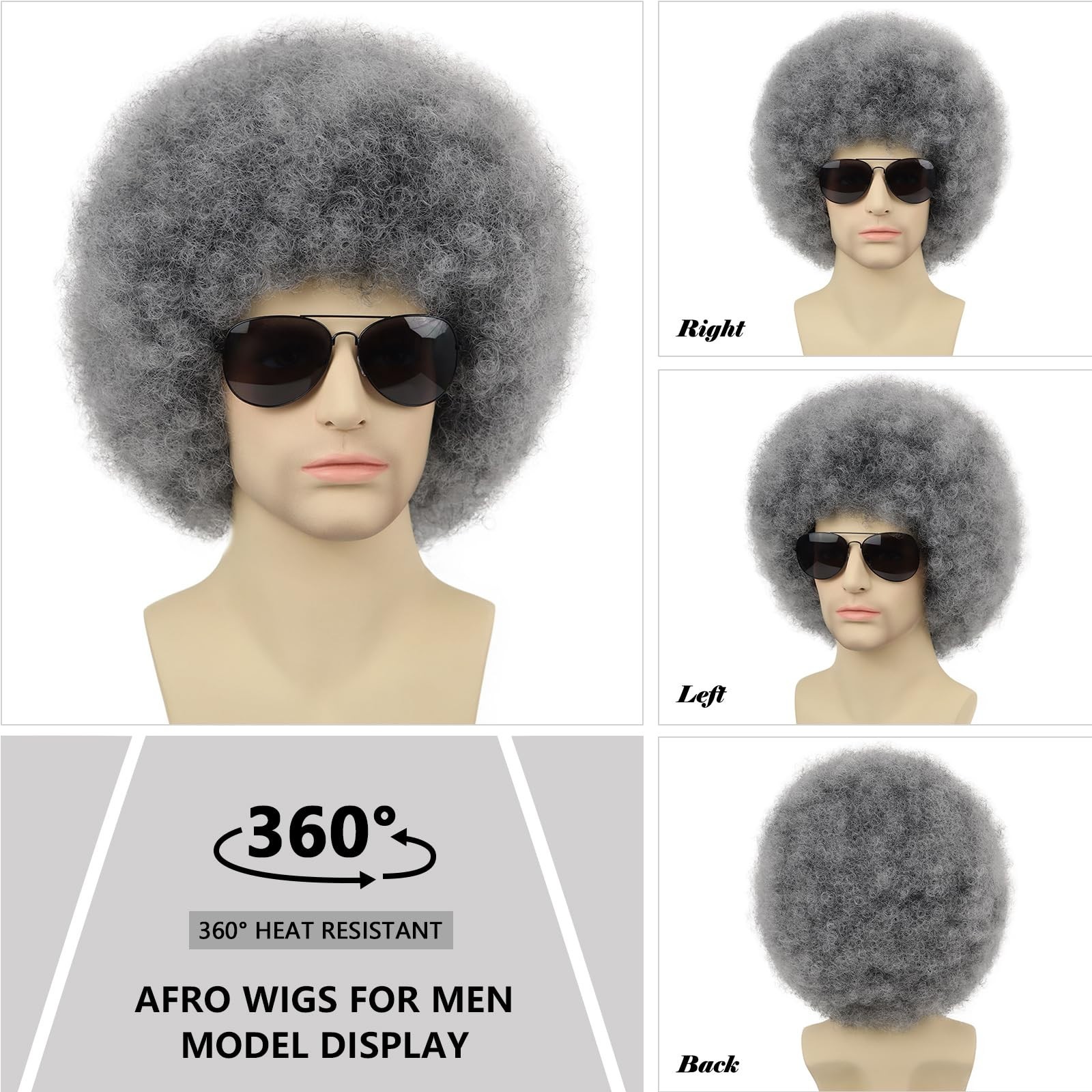Fluffy Short Grey Afro Wig with Glasses – Heat Resistant Curly 70s 80s Costume P